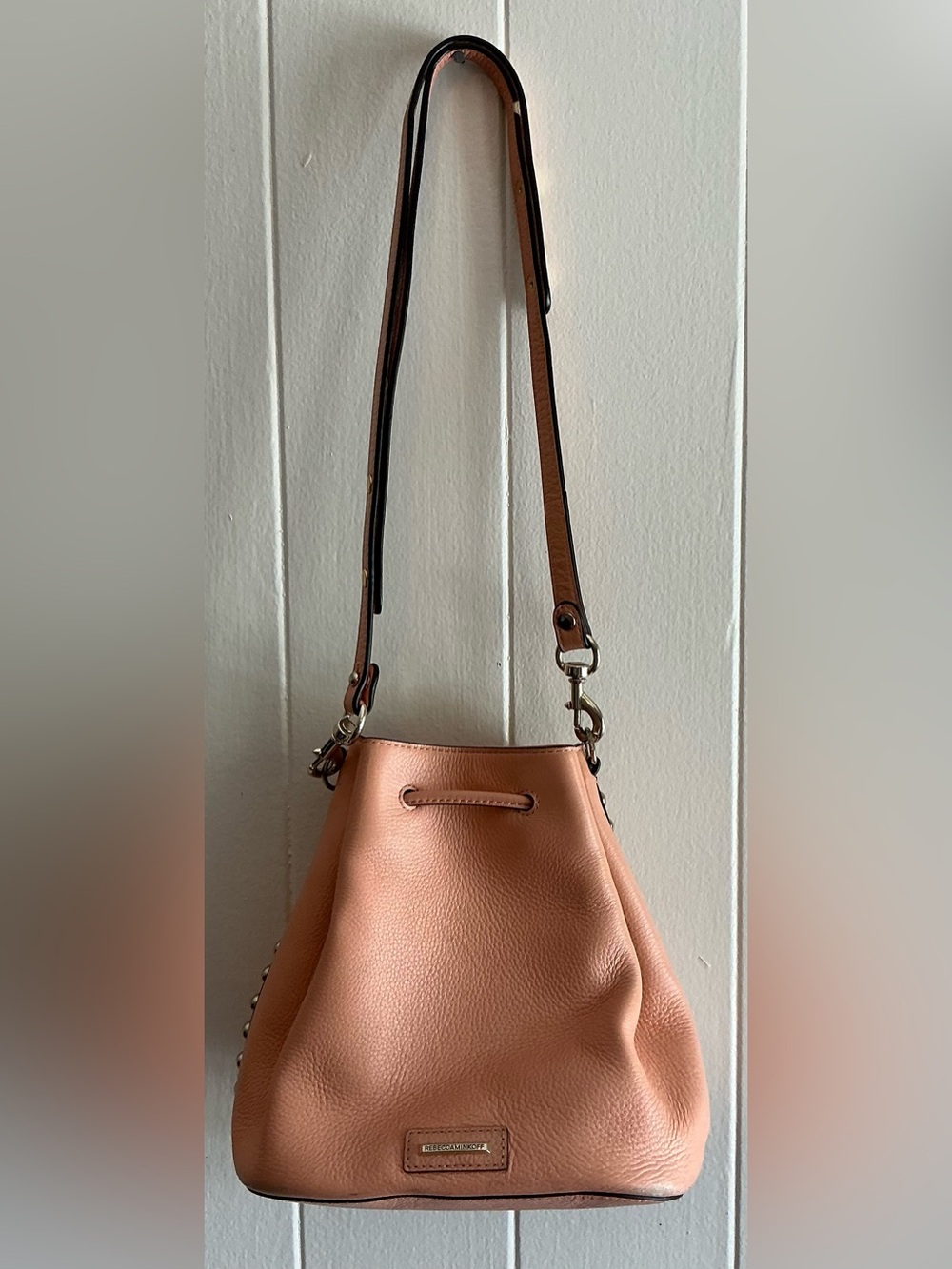 Rare Rebecca Minkoff Leather Bucket Bag Apricot Peach Pink Studded Crossbody Bag